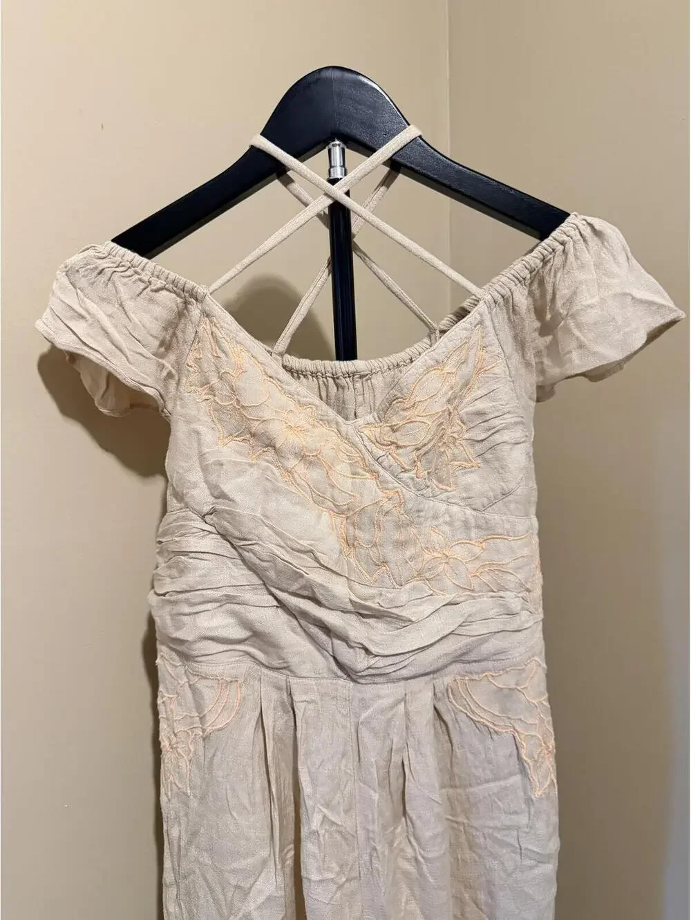 Free People Embroidered Off Shoulder Jumpsuit Beige Size 6